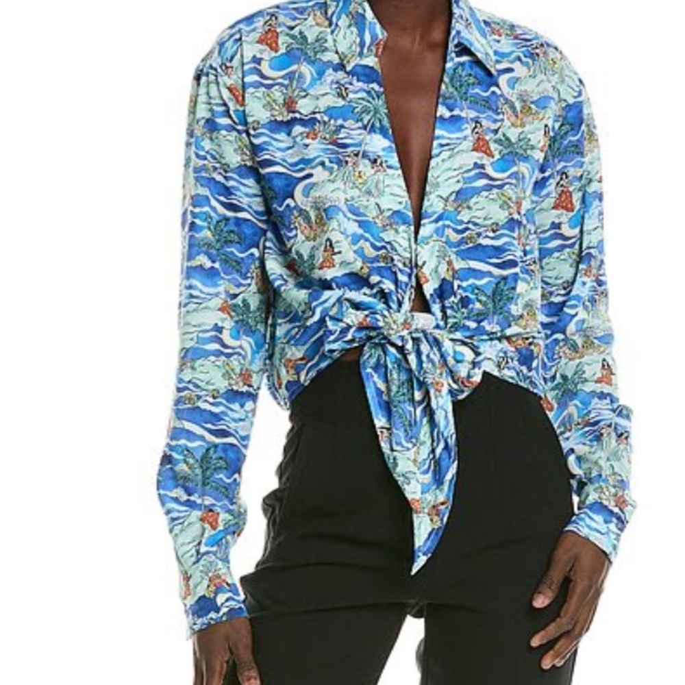 Orig $385 - Le Superbe Blue Printed Tie-Front Women's Shirt XS